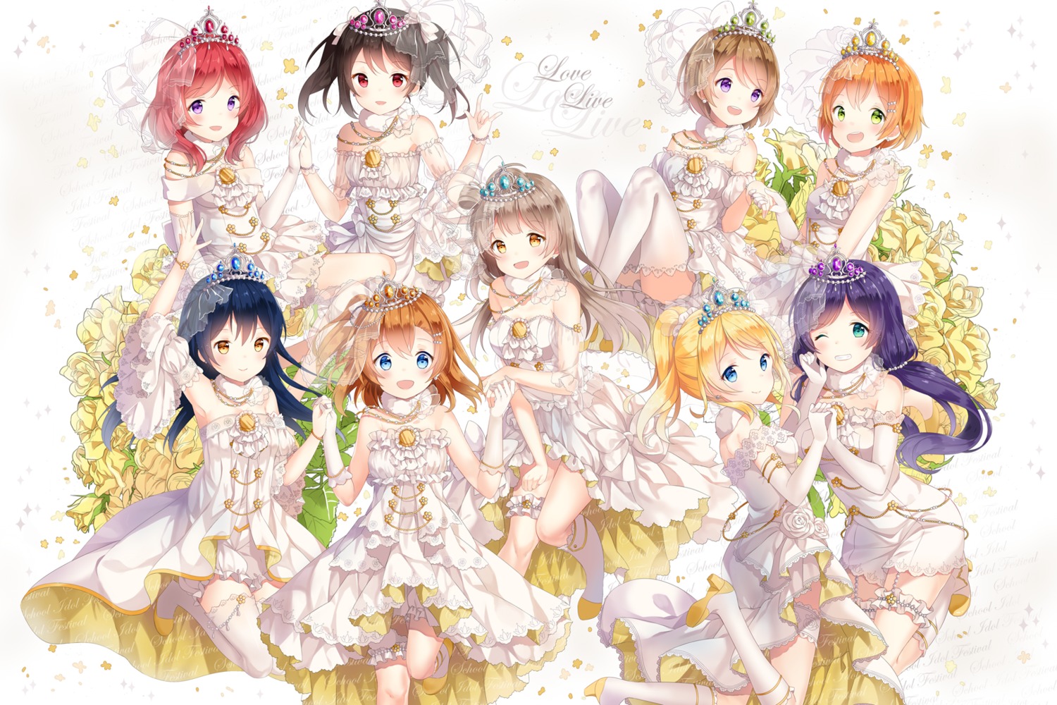 ayase_eli bloomers dress garter heels hitsukuya hoshizora_rin koizumi_hanayo kousaka_honoka love_live! minami_kotori nishikino_maki sonoda_umi stockings thighhighs toujou_nozomi yazawa_nico