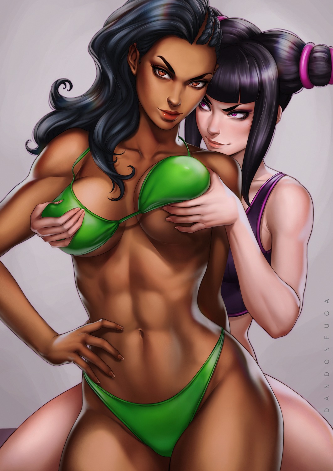 bikini breast_grab dandon_fuga erect_nipples han_juri laura_matsuda street_fighter swimsuits yuri