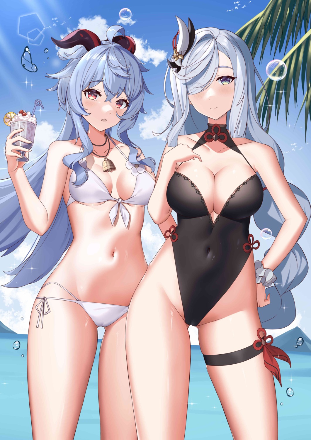 bikini cameltoe ganyu garter genshin_impact horns jie_xian_(tsuki) jpeg_artifacts shenhe swimsuits