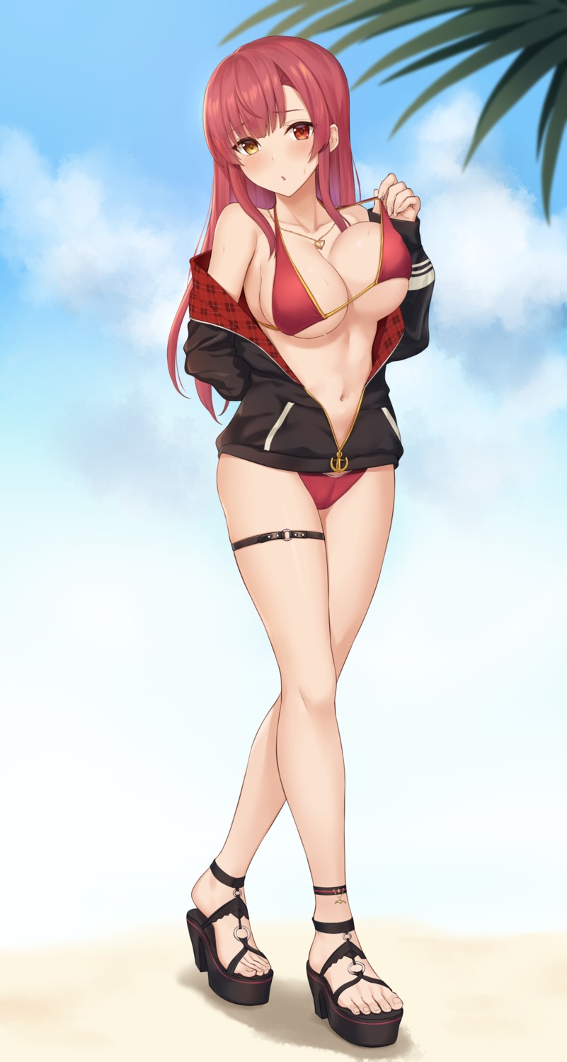 bikini garter heels heterochromia hololive houshou_marine open_shirt swimsuits terry_(pixiv3274443) undressing