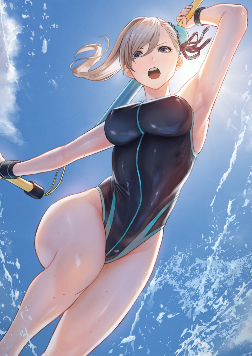 erect_nipples fate/grand_order miyamoto_musashi_(fate/grand_order) mugetsu swimsuits weapon wet