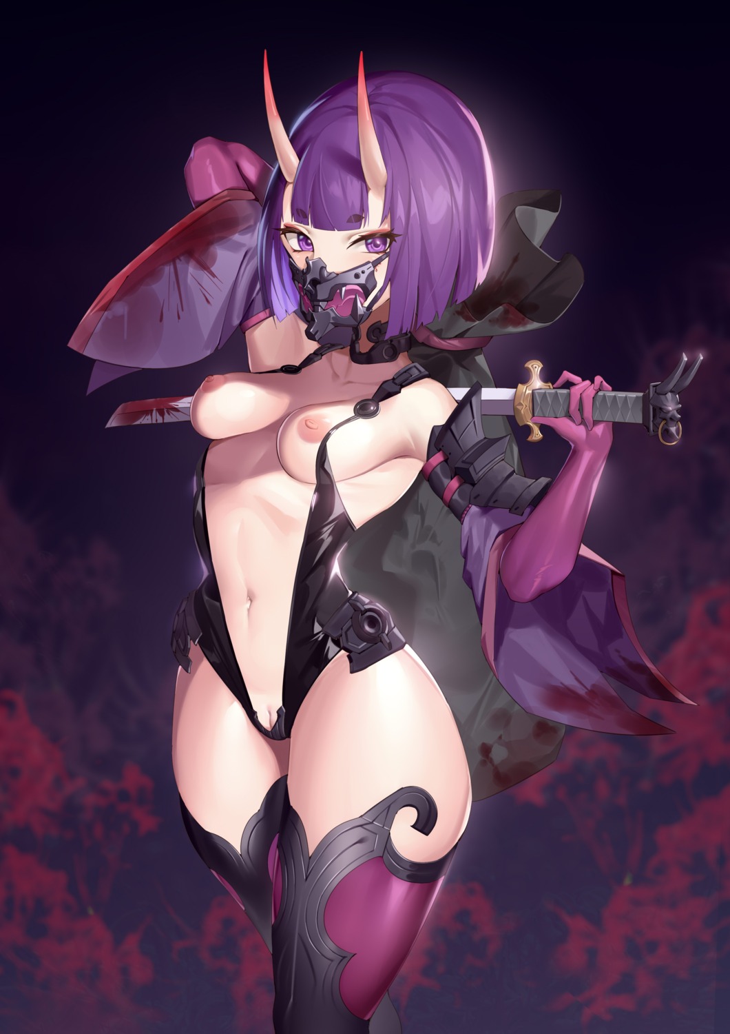 armor blood breasts fate/grand_order horns jingb_dx leotard nipples no_bra nopan pussy shuten_douji_(fate/grand_order) sword thighhighs uncensored