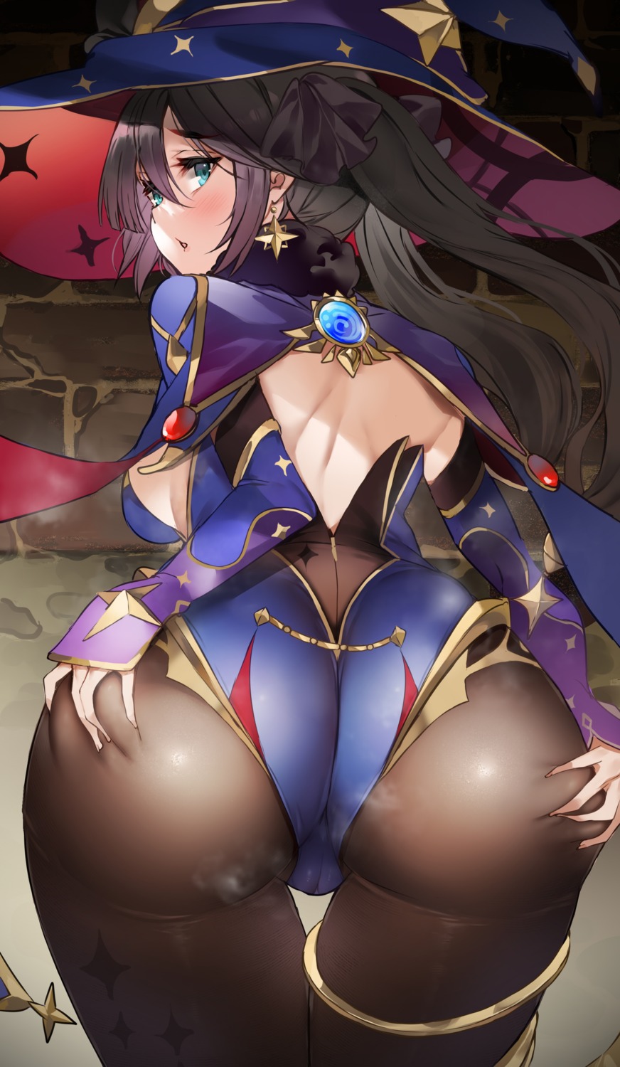 ass ass_grab cameltoe garter genshin_impact ken_(coffee_michikusa) mona_megistus no_bra pantyhose witch