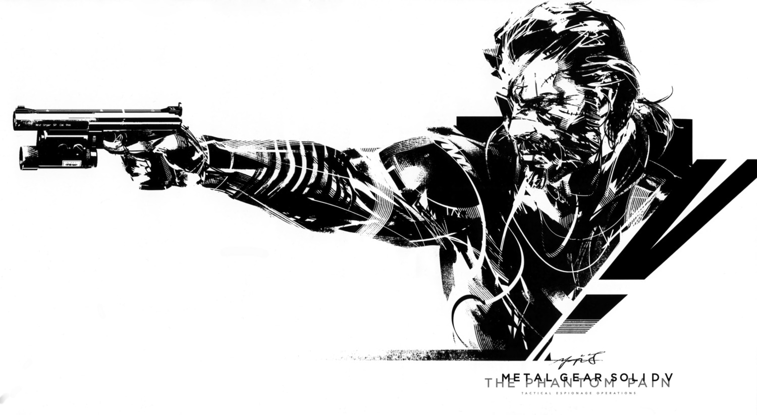 big_boss_(metal_gear) eyepatch gun male metal_gear_solid_v:_the_phantom_pain monochrome shinkawa_yoji