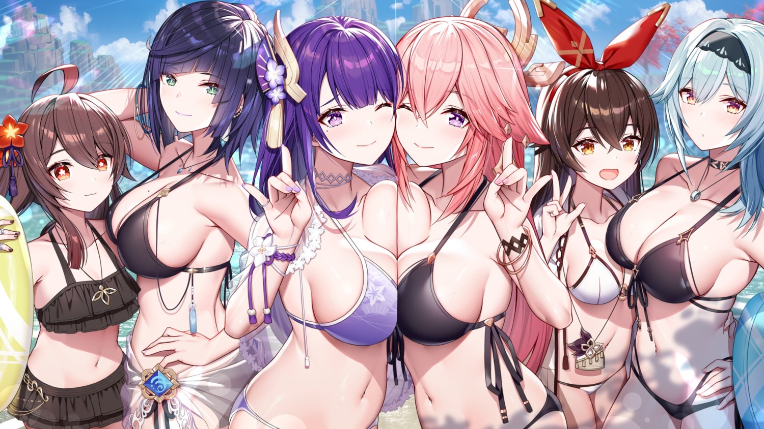 akusema amber_(genshin_impact) animal_ears bikini eula genshin_impact hu_tao kitsune raiden_shogun see_through swimsuits symmetrical_docking yae_miko yelan