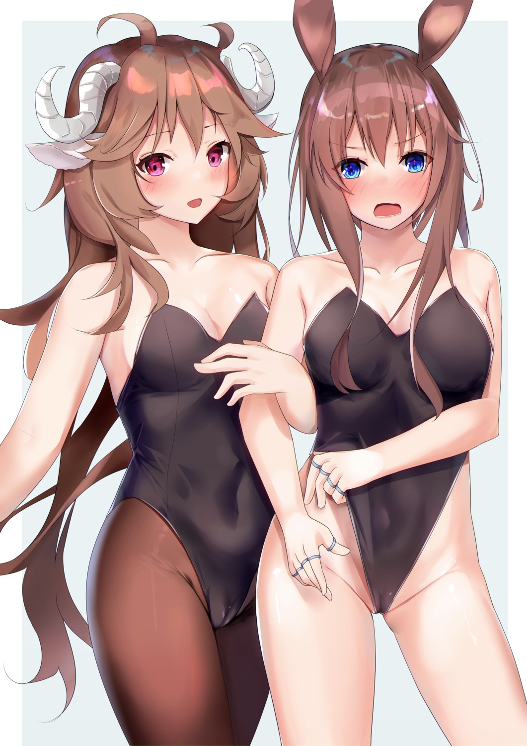 amiya_(arknights) animal_ears arknights bunny_ears bunny_girl cameltoe cleavage eyjafjalla_(arknights) horns kotoha_(kotoha65) no_bra pantyhose