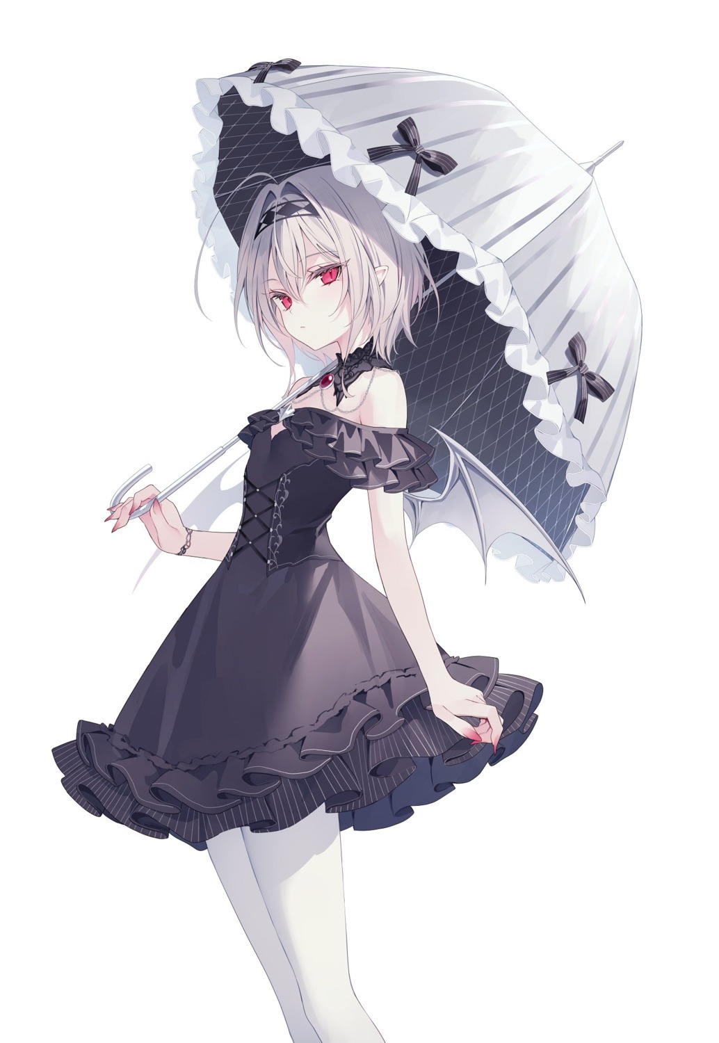 carneades dress no_bra noah_(rurudo) pantyhose pointy_ears rurudo umbrella wings