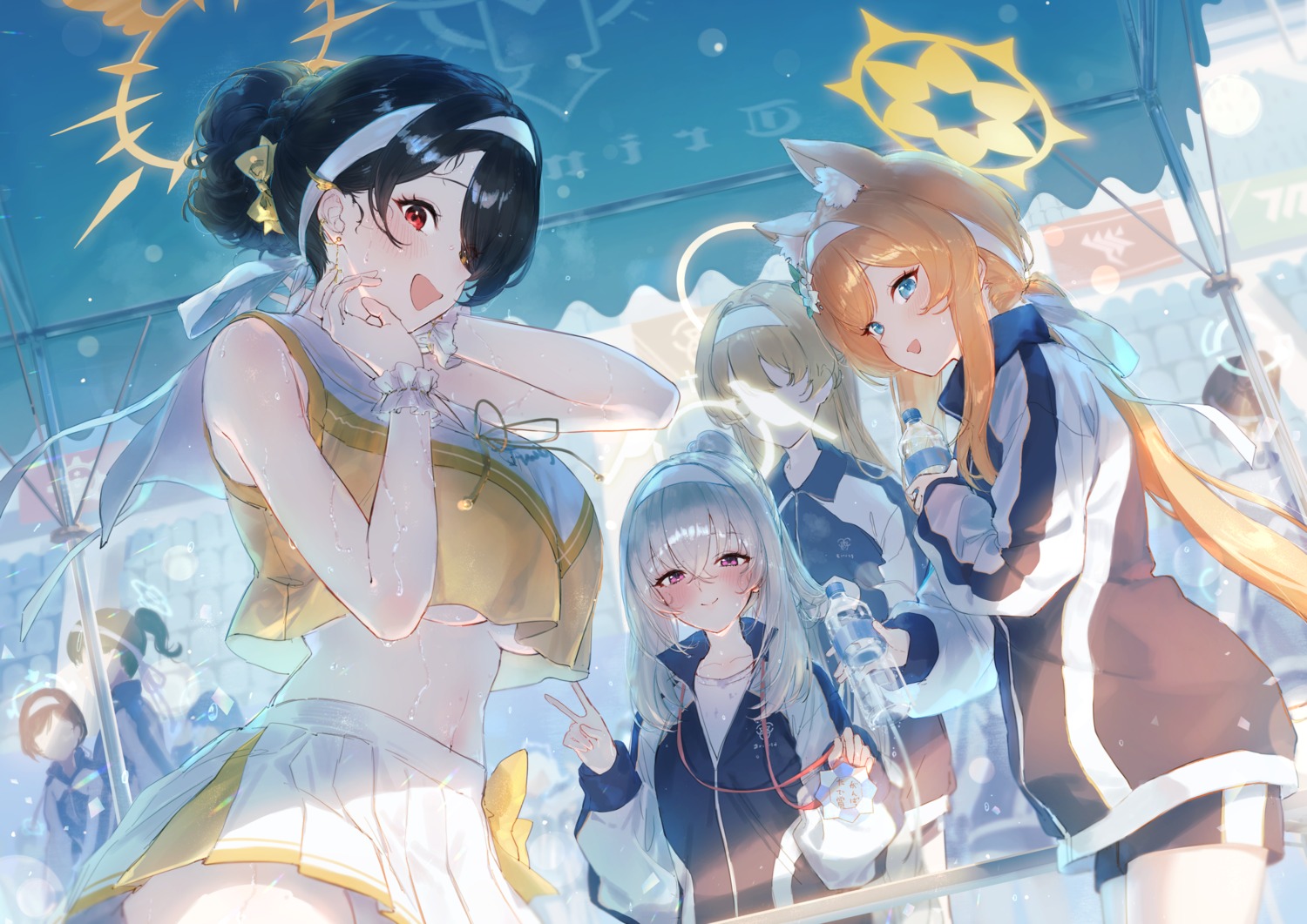 animal_ears blue_archive dentaku_music gym_uniform halo iochi_mari nekomimi no_bra pantsu sisterhood_member skirt_lift underboob utazumi_sakurako wakaba_hinata_(blue_archive) wet