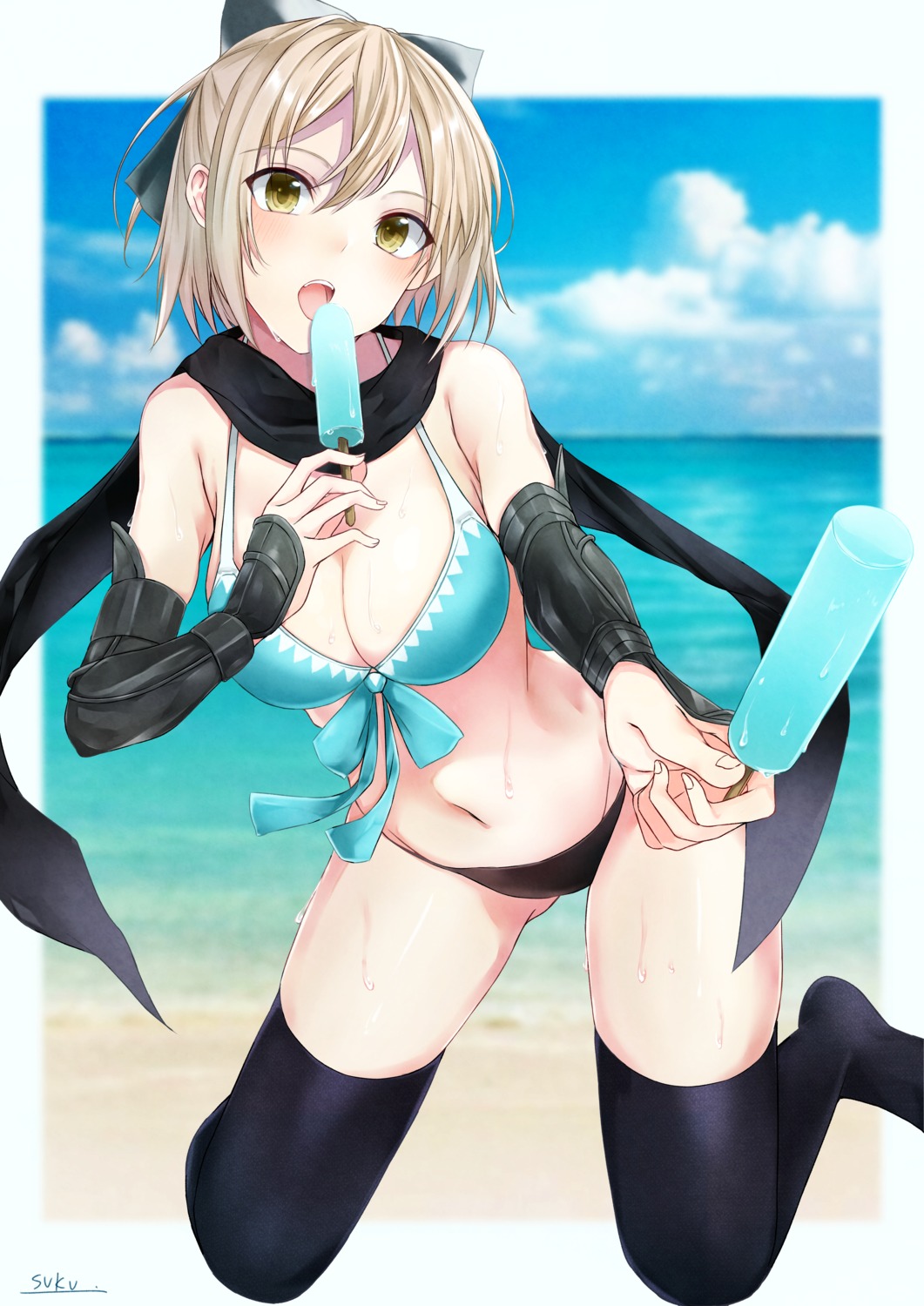 bikini fate/grand_order okita_souji_(fate) suku_uemon swimsuits thighhighs