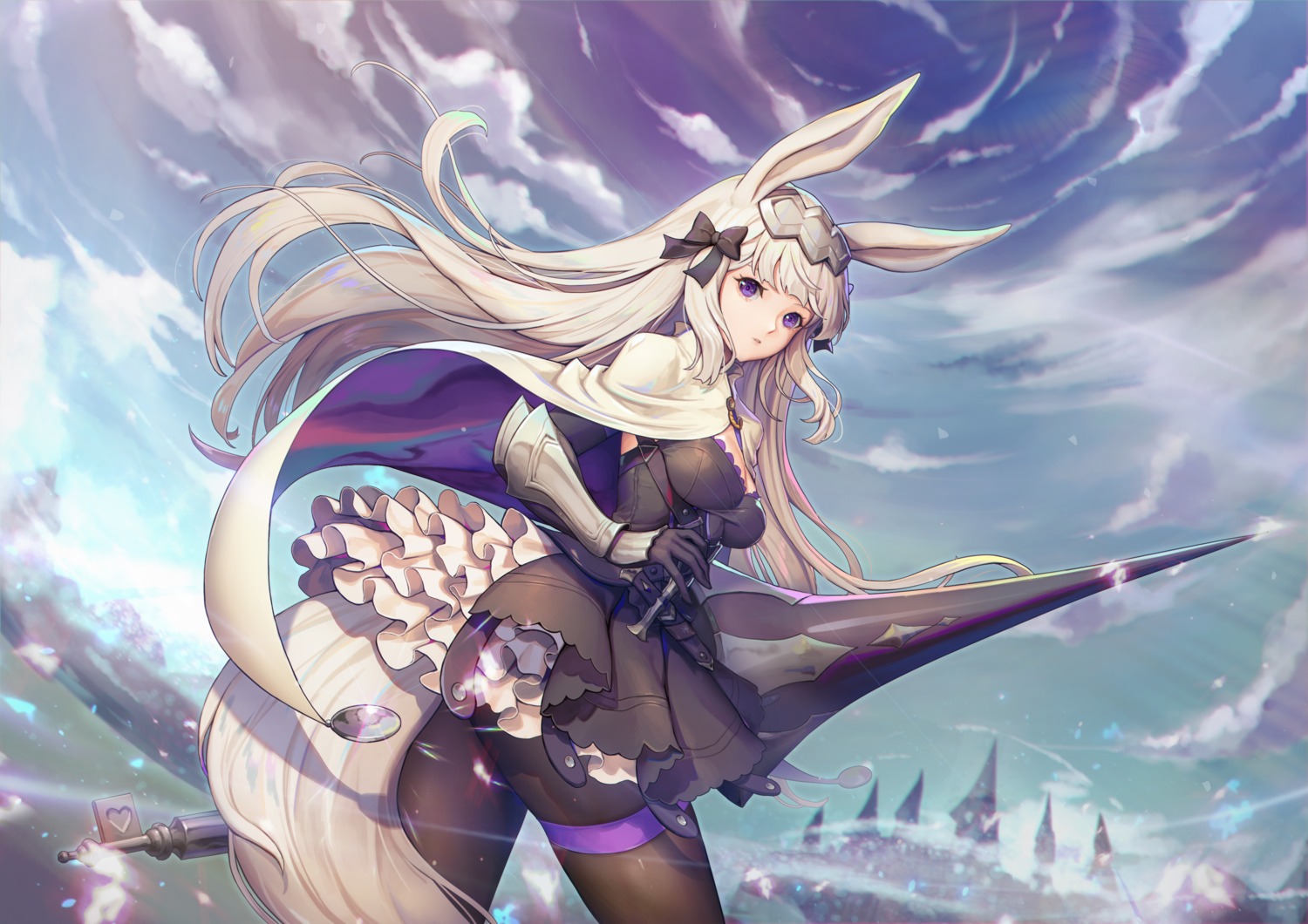 animal_ears armor bunny_ears garter pantyhose skirt_lift tail weapon y.i._(lave2217)