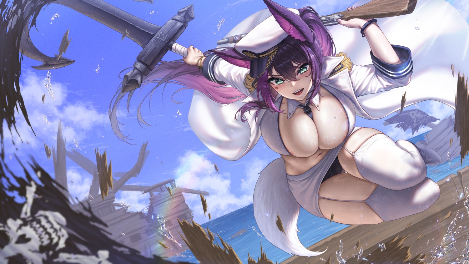 animal_ears areola nomalman open_shirt pantsu stockings sword tail thighhighs