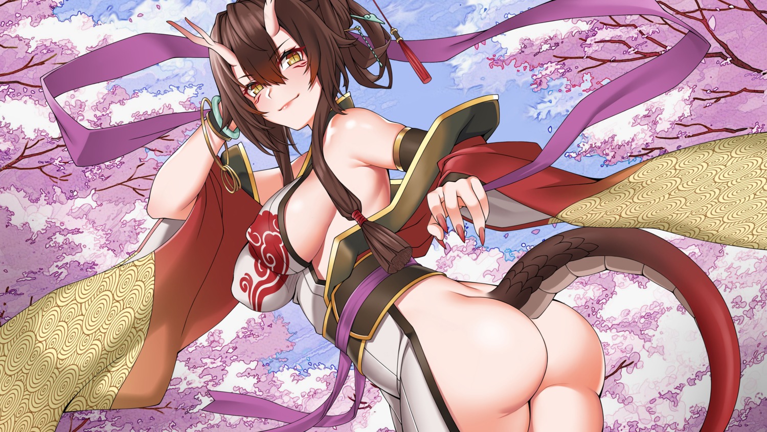 ass erect_nipples horns japanese_clothes nopan tail wallpaper zui_ai_shuang_mawei