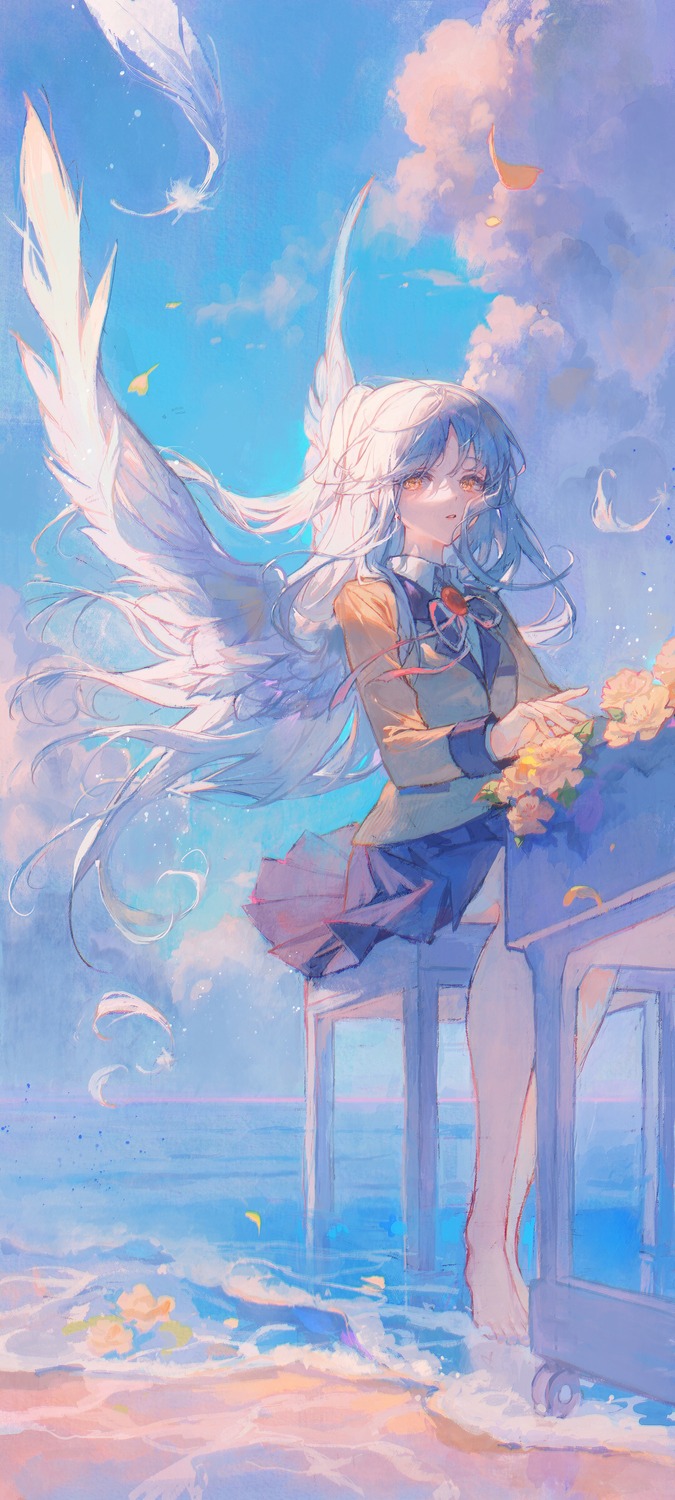 angel_beats! maccha_(mochancc) seifuku skirt_lift tenshi wings