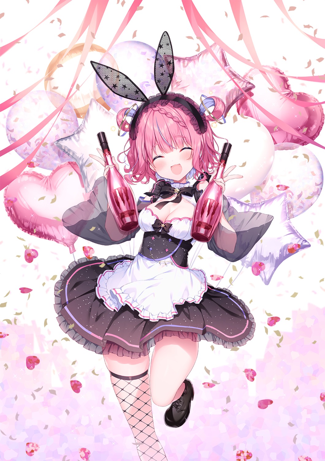 animal_ears bunny_ears fishnets hisagi_(puchimaple) maid masquerade momose_meruu see_through thighhighs