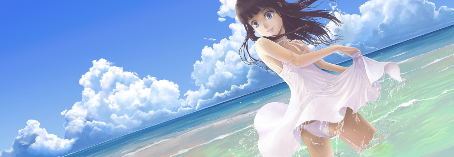 dress hiraoka_masamune landscape pantsu skirt_lift wet_clothes