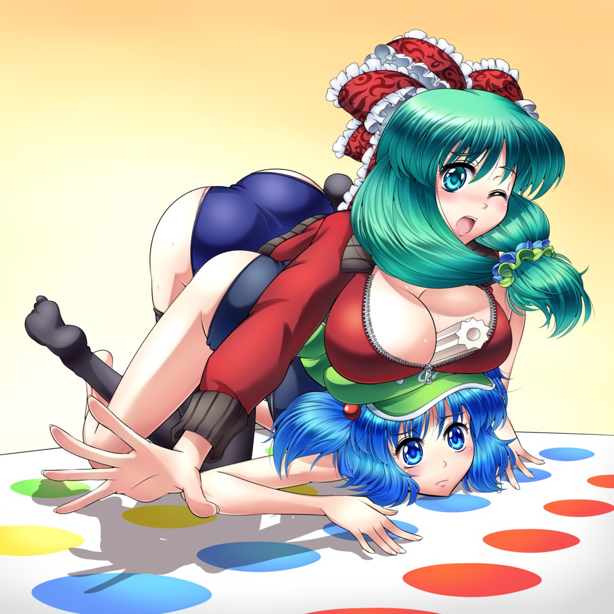 kagiyama_hina kawashiro_nitori raionsan school_swimsuit swimsuits thighhighs touhou