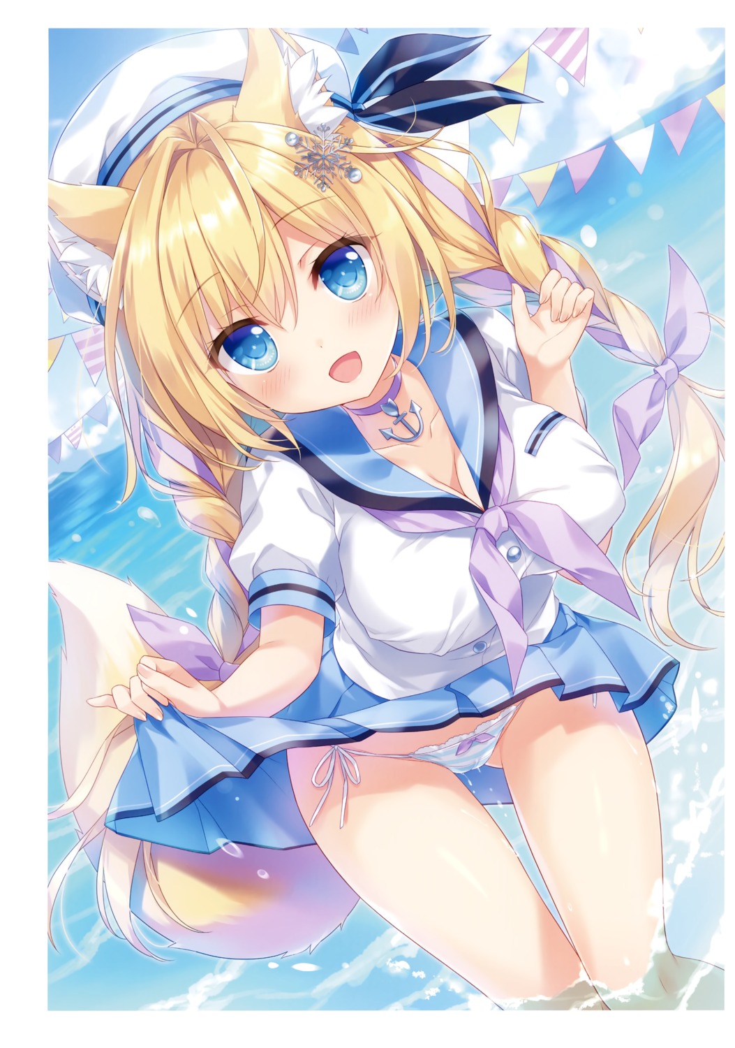 ameto_yuki animal_ears cameltoe kitsune pantsu seifuku shimapan skirt_lift spica_(ameto_yuki) string_panties tail wet