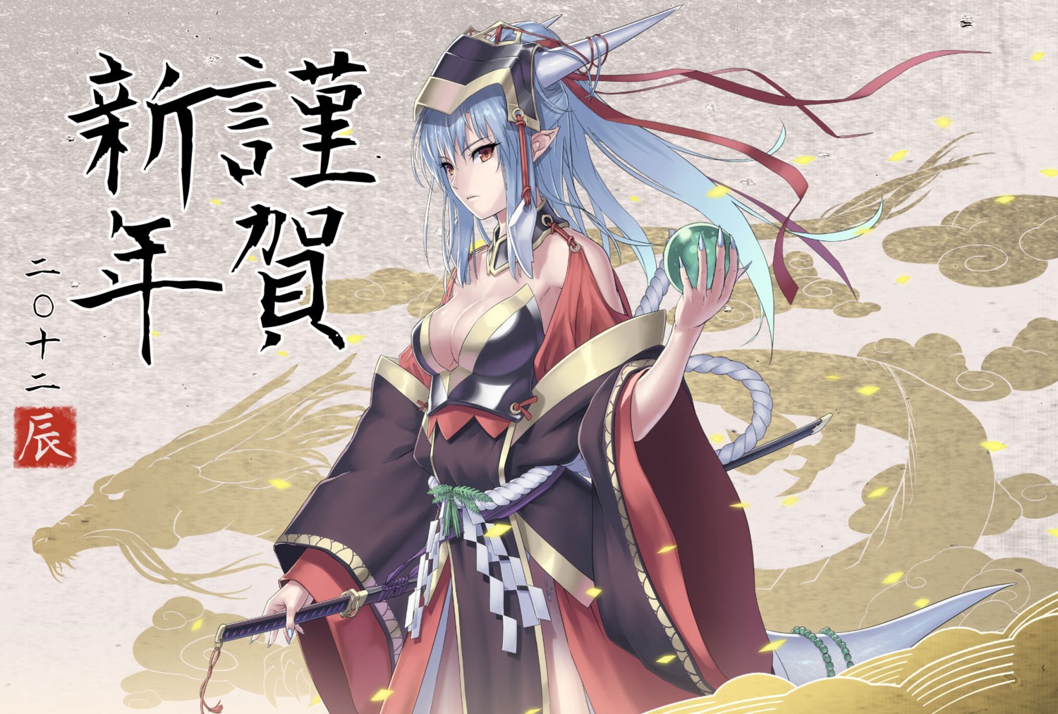 cleavage cuboon horns japanese_clothes jpeg_artifacts pointy_ears sword