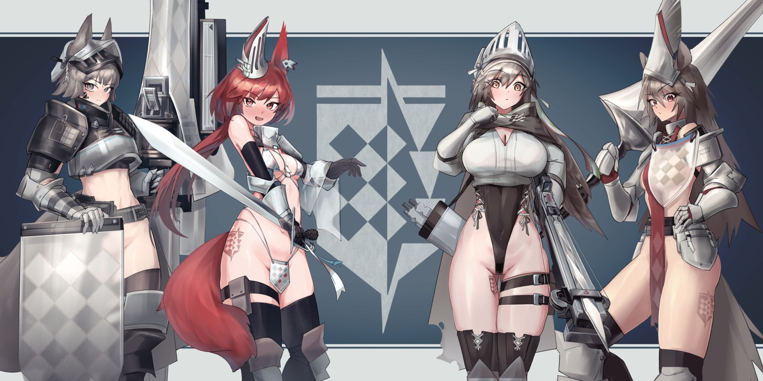 animal_ears arknights armor ashlock_(arknights) bikini_armor cassiri cleavage fartooth_(arknights) flametail_(arknights) garter leotard no_bra nopan see_through sword tattoo thighhighs weapon wild_mane_(arknights)