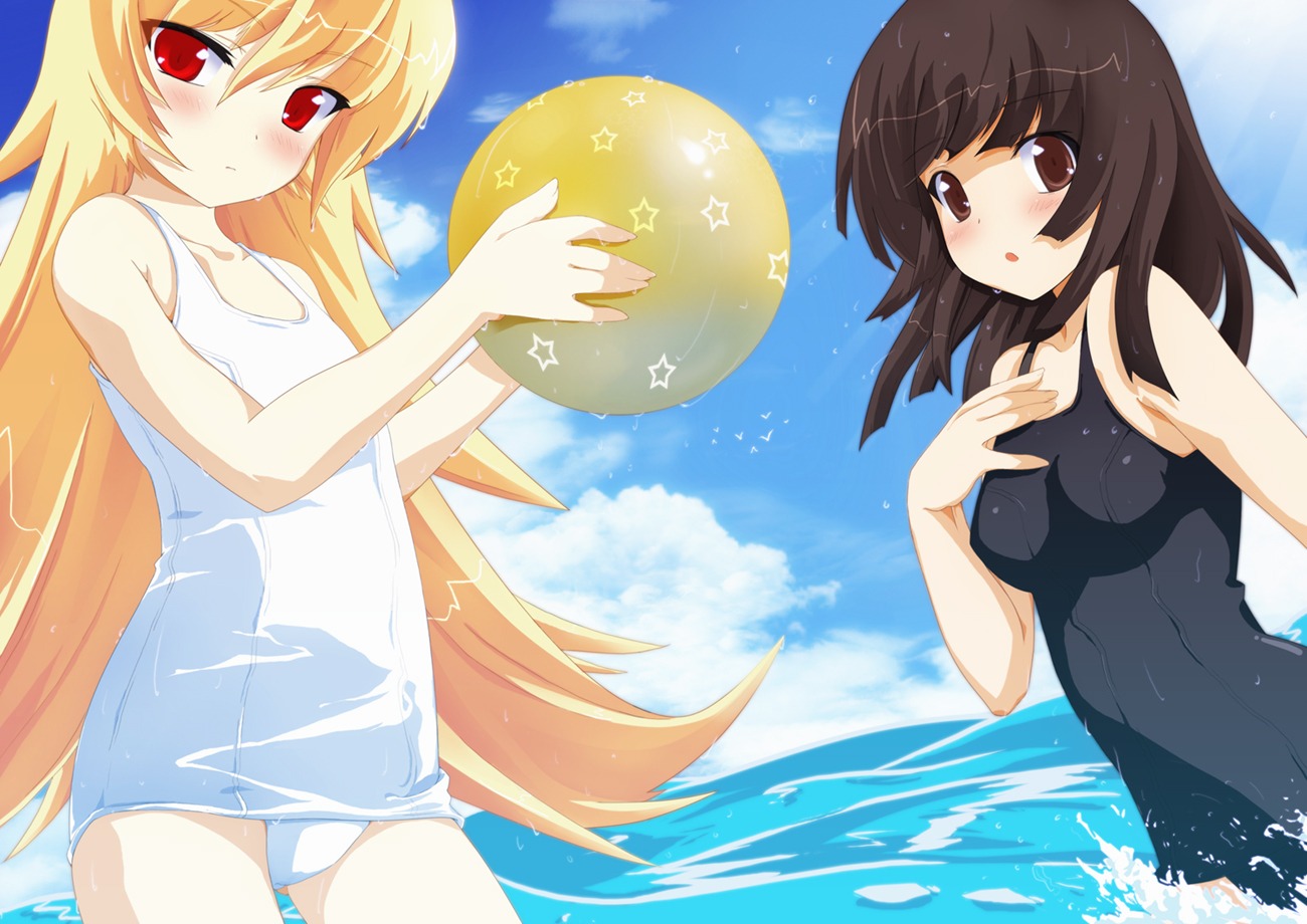 auer bakemonogatari monogatari_(series) oshino_shinobu school_swimsuit sengoku_nadeko swimsuits wet