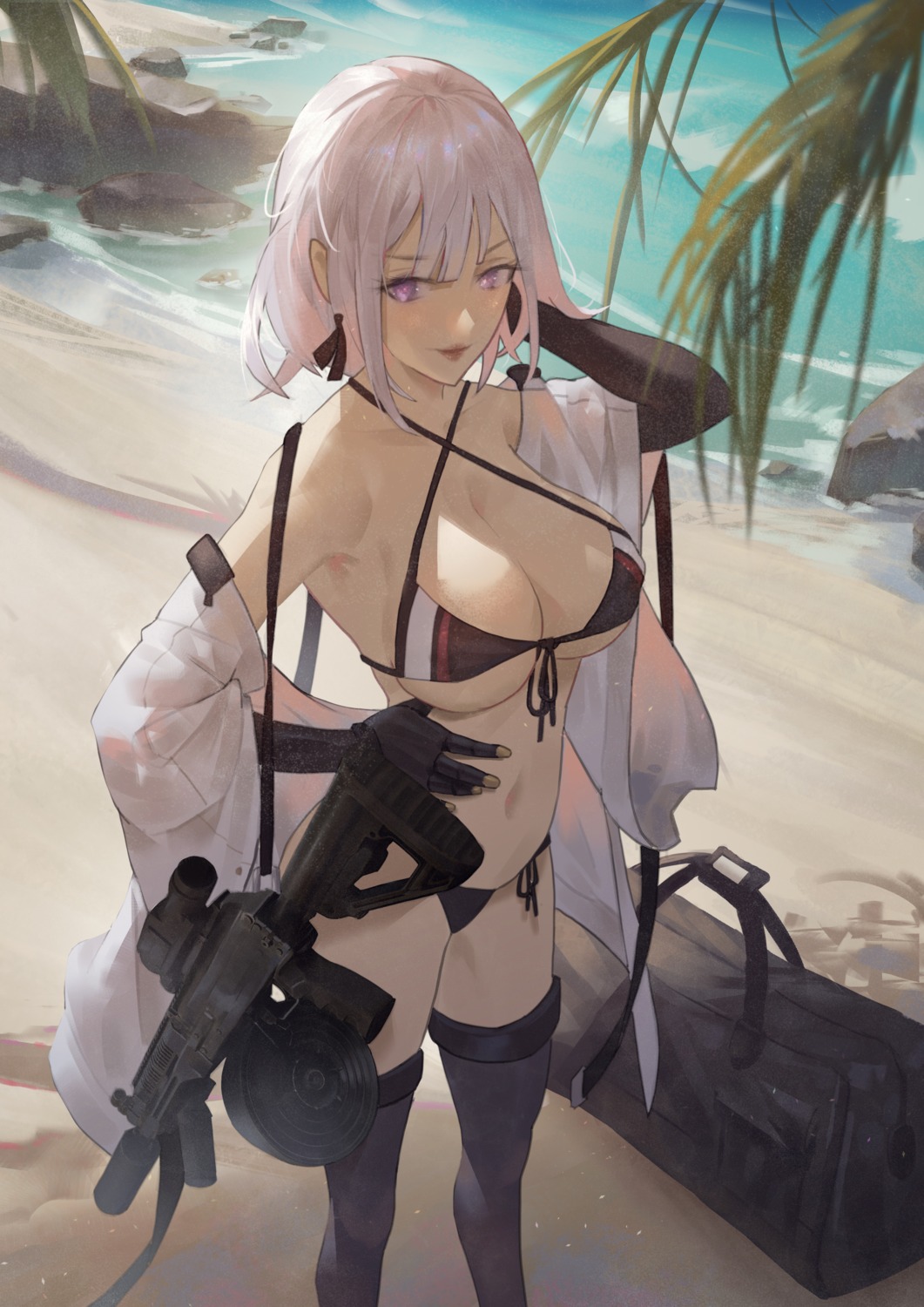 bikini cirilla cleavage erect_nipples girls_frontline gun open_shirt pointy_ears rpk-16_(girls_frontline) swimsuits thighhighs