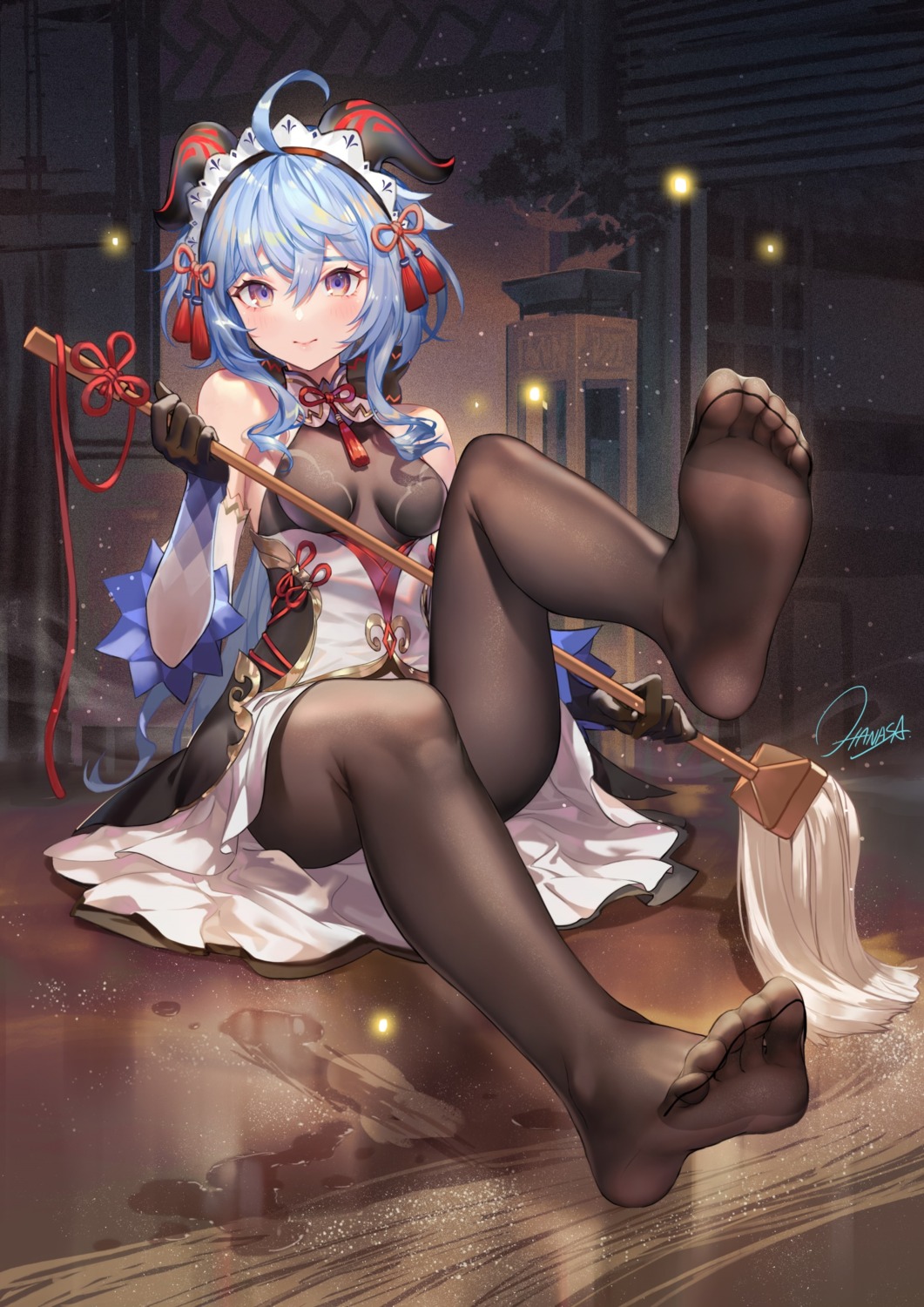 asian_clothes christmas criin feet ganyu genshin_impact horns maid pantyhose skirt_lift