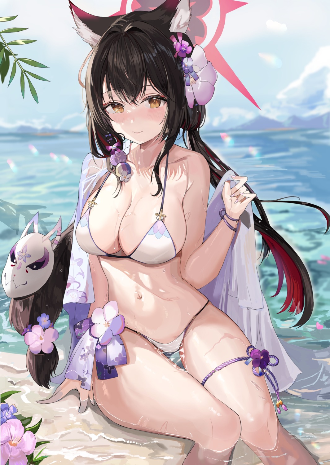 animal_ears bikini blue_archive garter halo harune_rane japanese_clothes kitsune kosaka_wakamo swimsuits wet