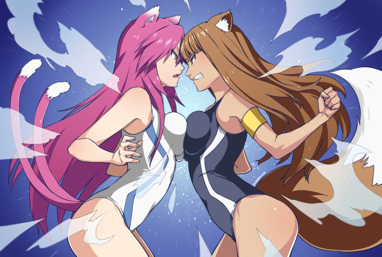 animal_ears blazblue cosplay crossover ddrake13 holo keijo!!!!!!!! kokonoe nekomimi spice_and_wolf swimsuits symmetrical_docking tail