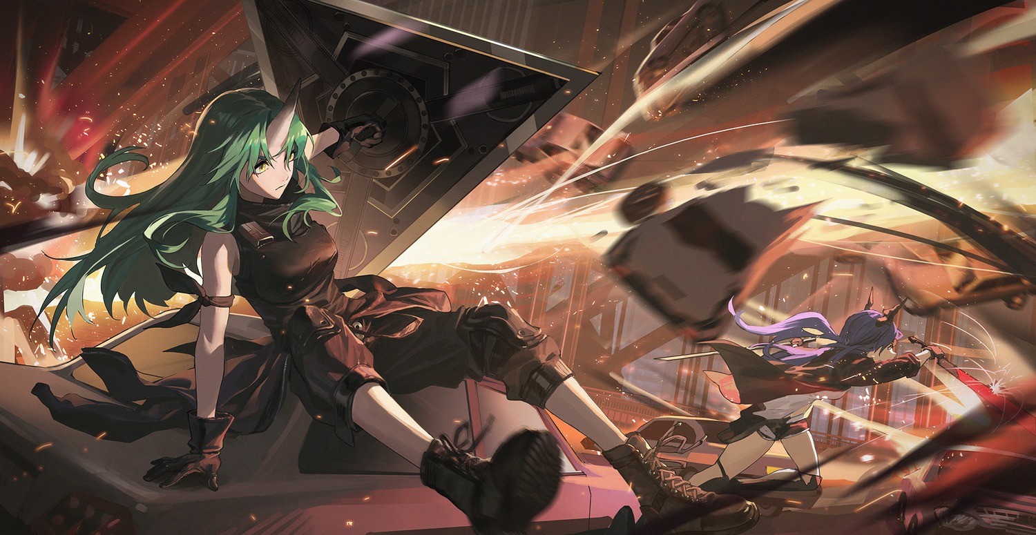 arknights ch'en_(arknights) horns hoshiguma_(arknights) sword ttk_(kirinottk) wallpaper