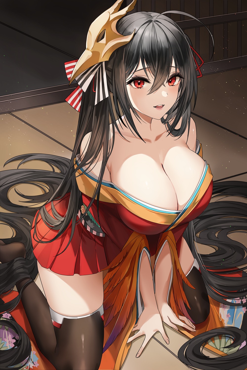 azur_lane japanese_clothes lillly no_bra open_shirt taihou_(azur_lane) thighhighs