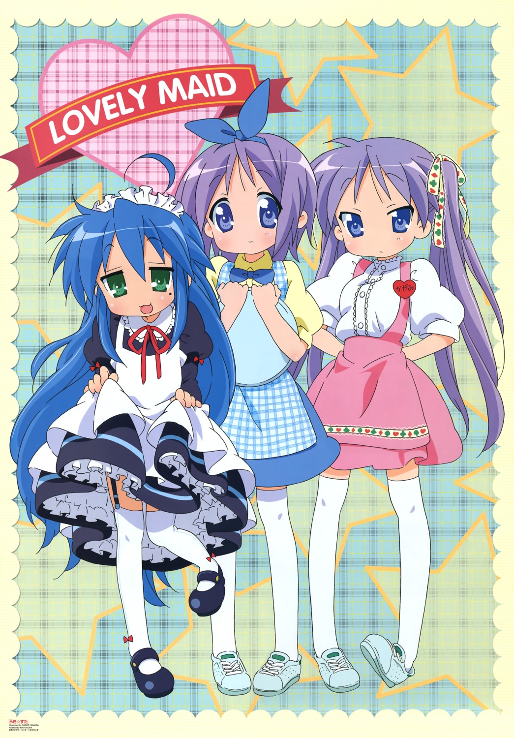 hiiragi_kagami hiiragi_tsukasa izumi_konata lucky_star maid skirt_lift stockings thighhighs waitress yamada_naoko