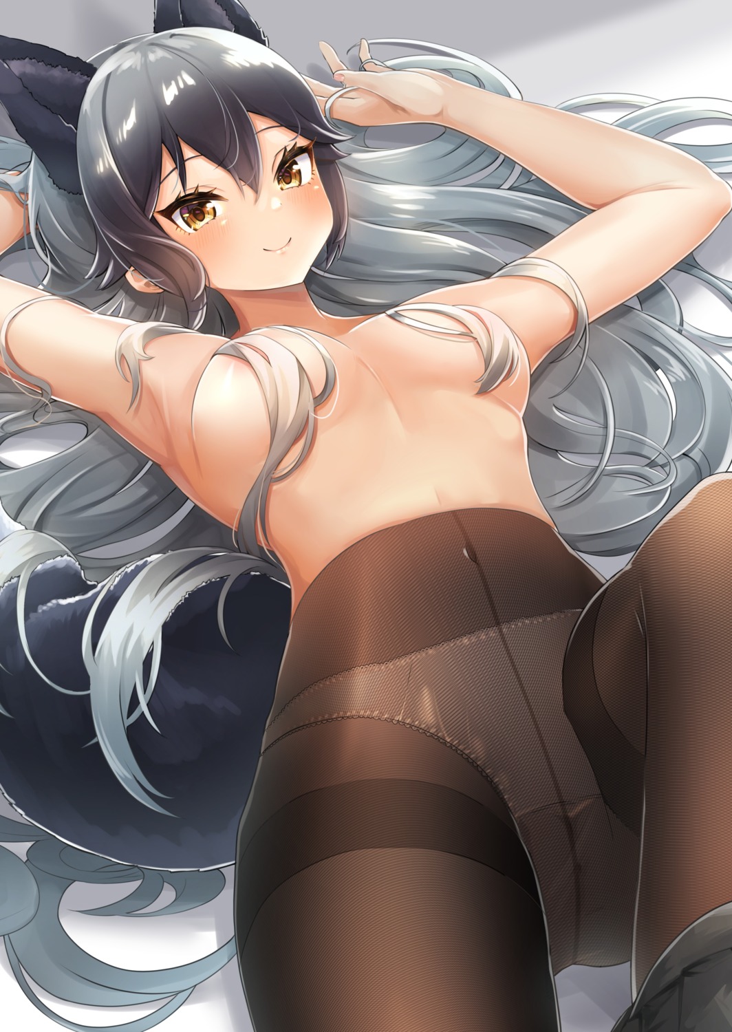 animal_ears areola kemono_friends mapuri_(mapuro) pantsu pantyhose see_through silver_wolf tagme tail topless