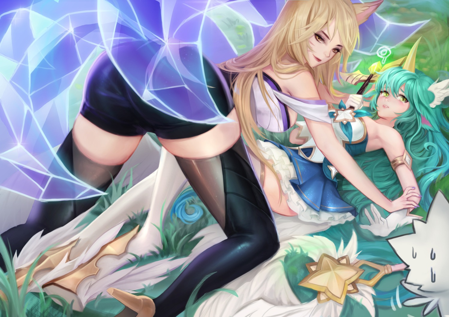 ahri animal_ears ass heels horns kitsune league_of_legends ninem skirt_lift soraka tail thighhighs yuri