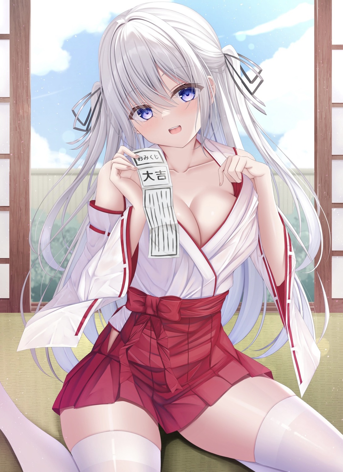 hanonokusa miko no_bra open_shirt thighhighs undressing