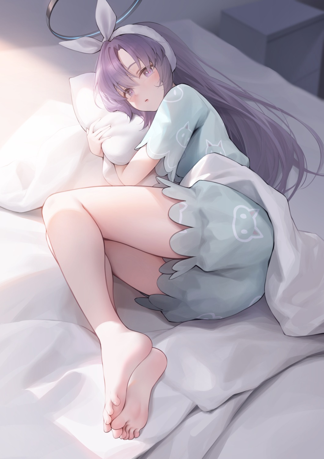 artist_revision ass blue_archive feet halo hayase_yuuka pajama risa_(pixiv23908854) sheets