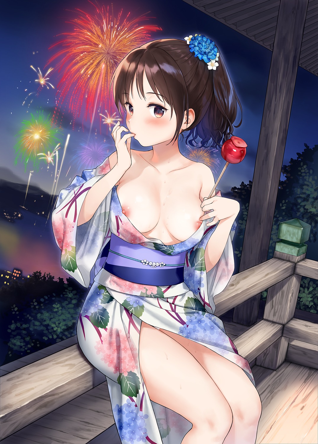 breasts nipple_slip nipples no_bra open_shirt pantsu sekiya_asami skirt_lift yukata