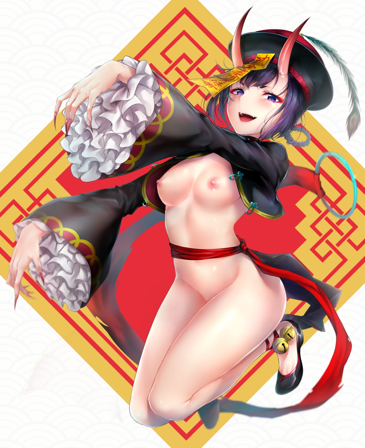 asian_clothes bottomless breasts fate/grand_order horns nipples no_bra open_shirt rei_kun shuten_douji_(fate/grand_order)