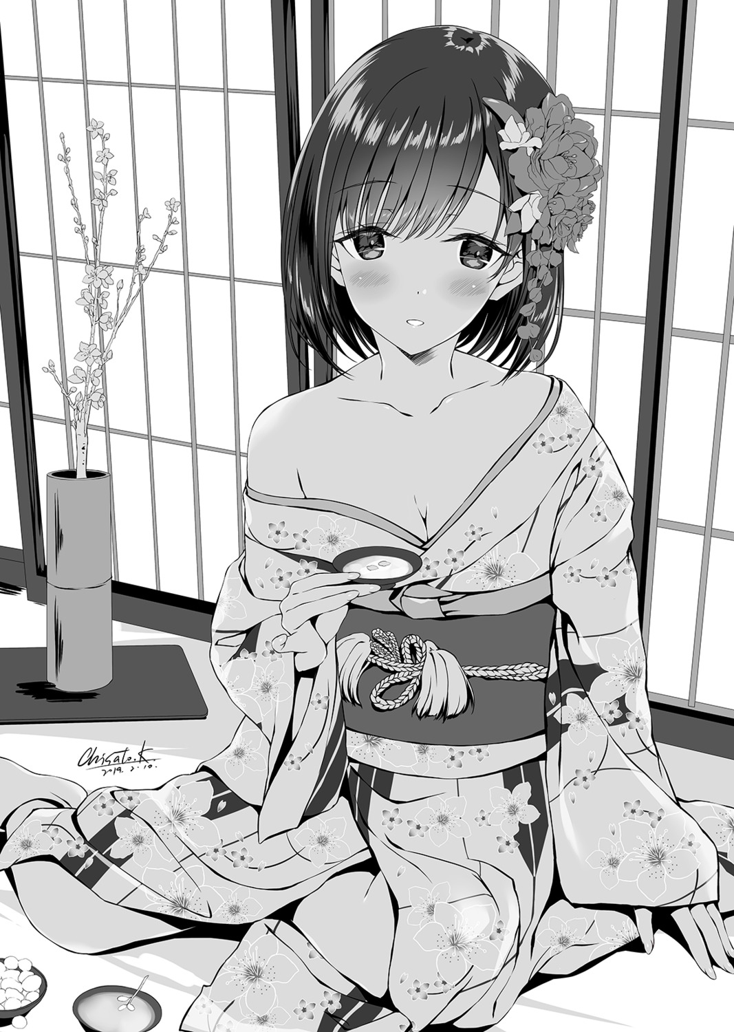 cleavage kimono kobayashi_chisato monochrome open_shirt sake