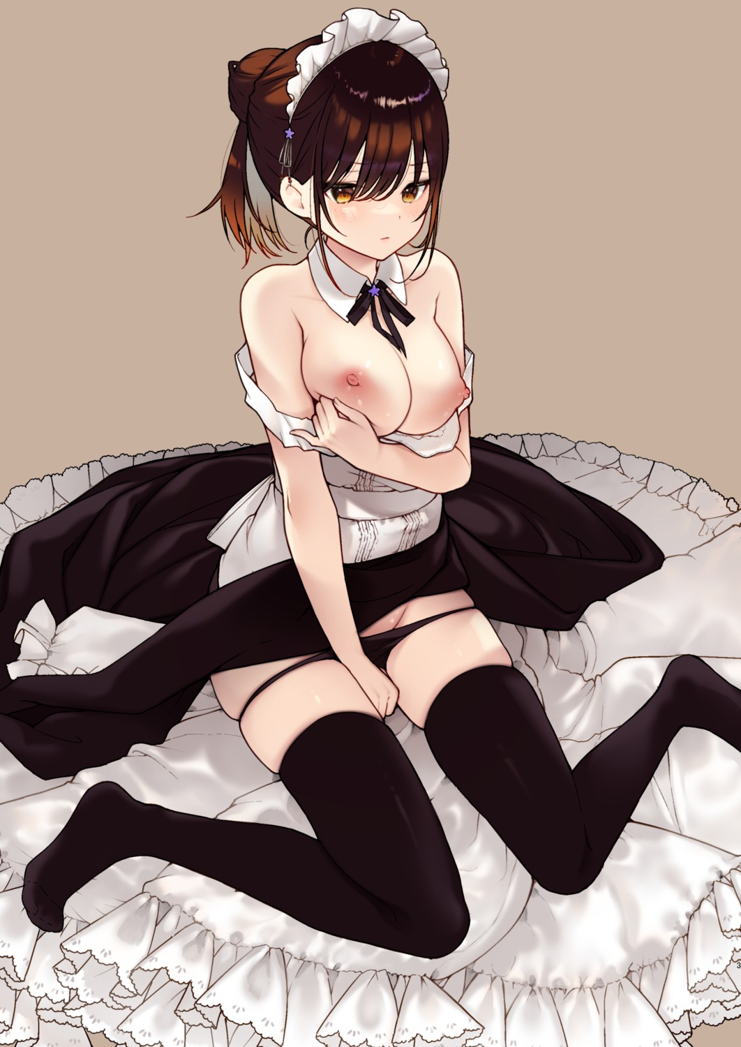 breast_hold breasts maid mutou_koucha nipples no_bra pantsu panty_pull skirt_lift thighhighs