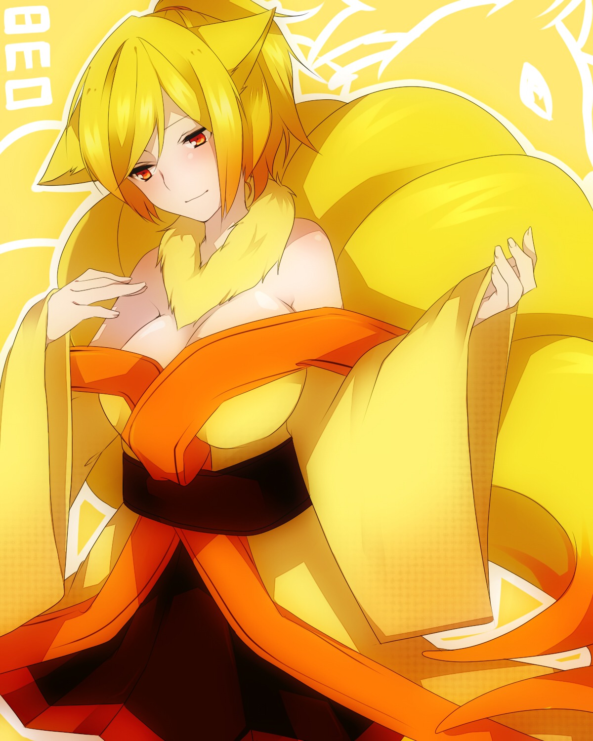 animal_ears anthropomorphization cleavage kimono ninetails no_bra pokemon tail takeshima_(nia) undressing