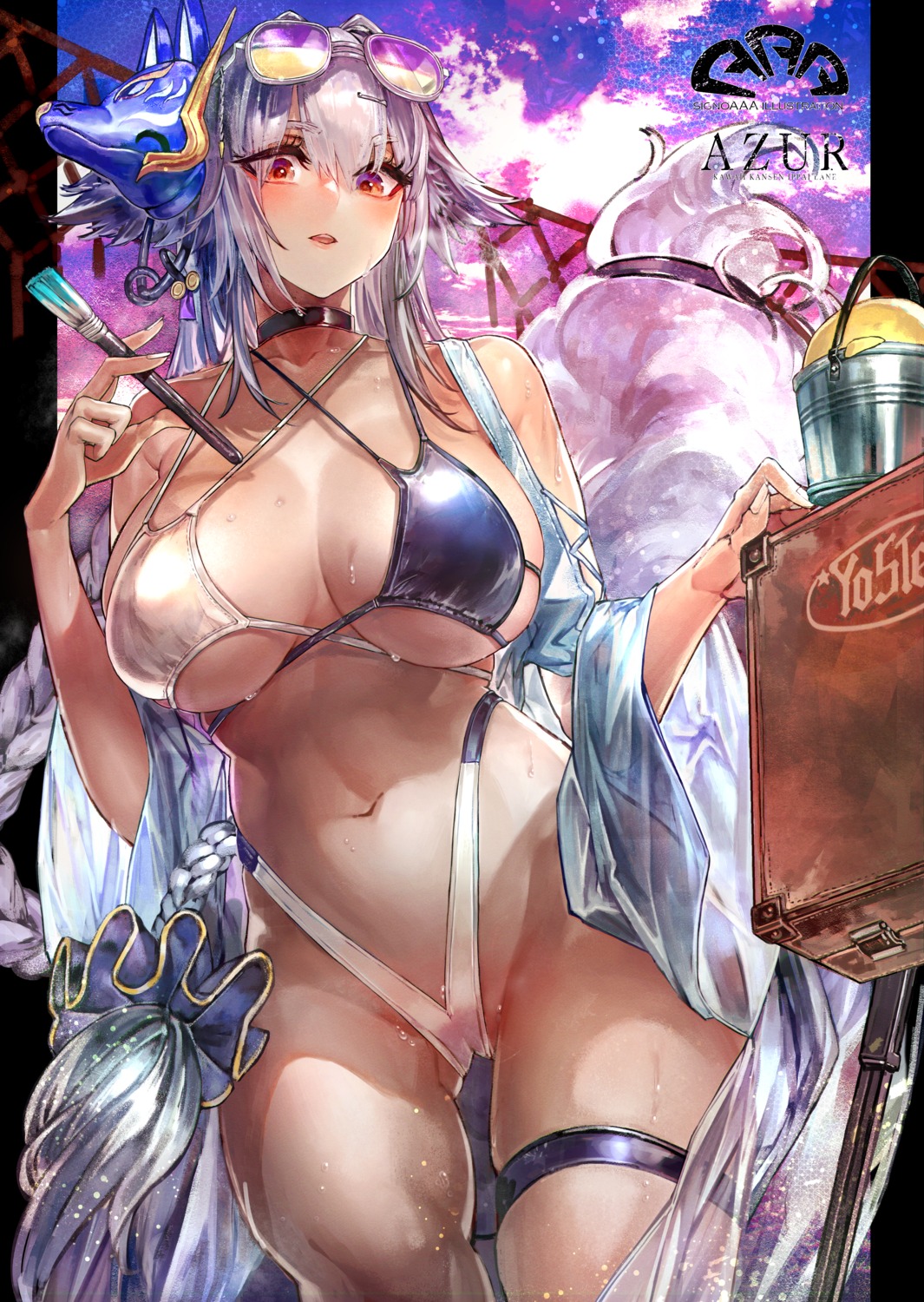 animal_ears azur_lane bikini garter kitsune megane open_shirt see_through signo_aaa swimsuits tail tosa_(azur_lane) wet