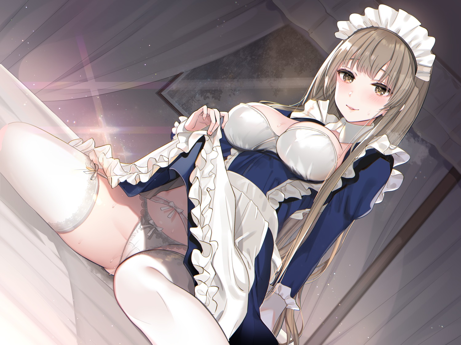 cameltoe garter_belt hayakawa_akari maid no_bra pantsu skirt_lift stockings thighhighs wet