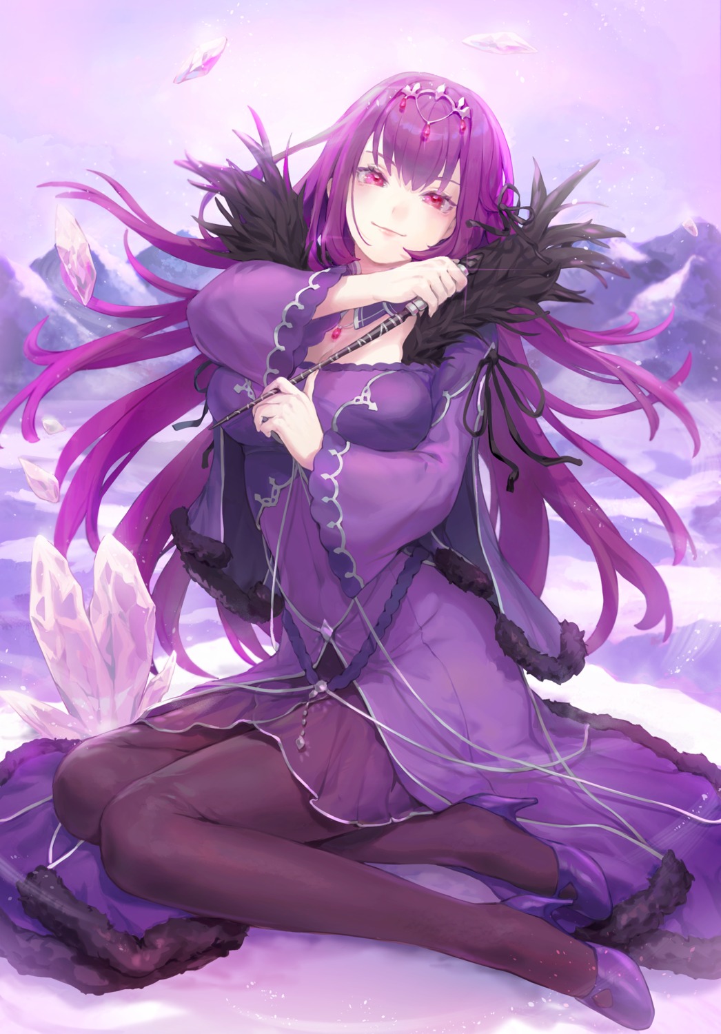 bibimbub breast_hold cleavage dress fate/grand_order heels pantyhose scathach_skadi weapon