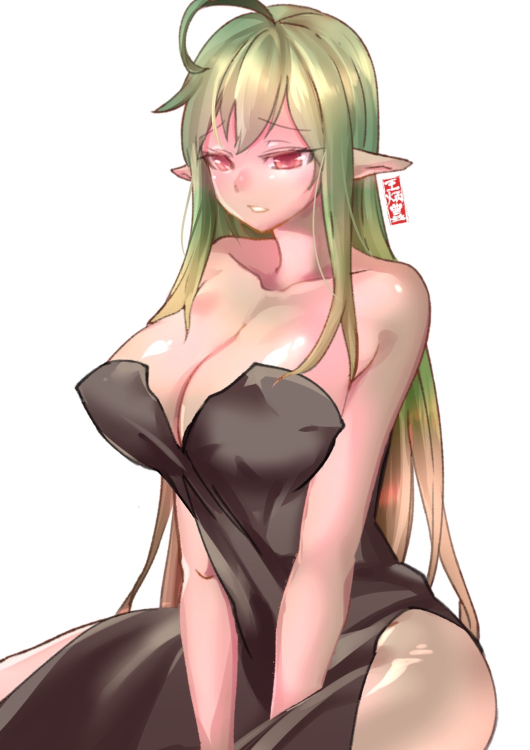 cleavage dress no_bra pointy_ears tamada_heijun