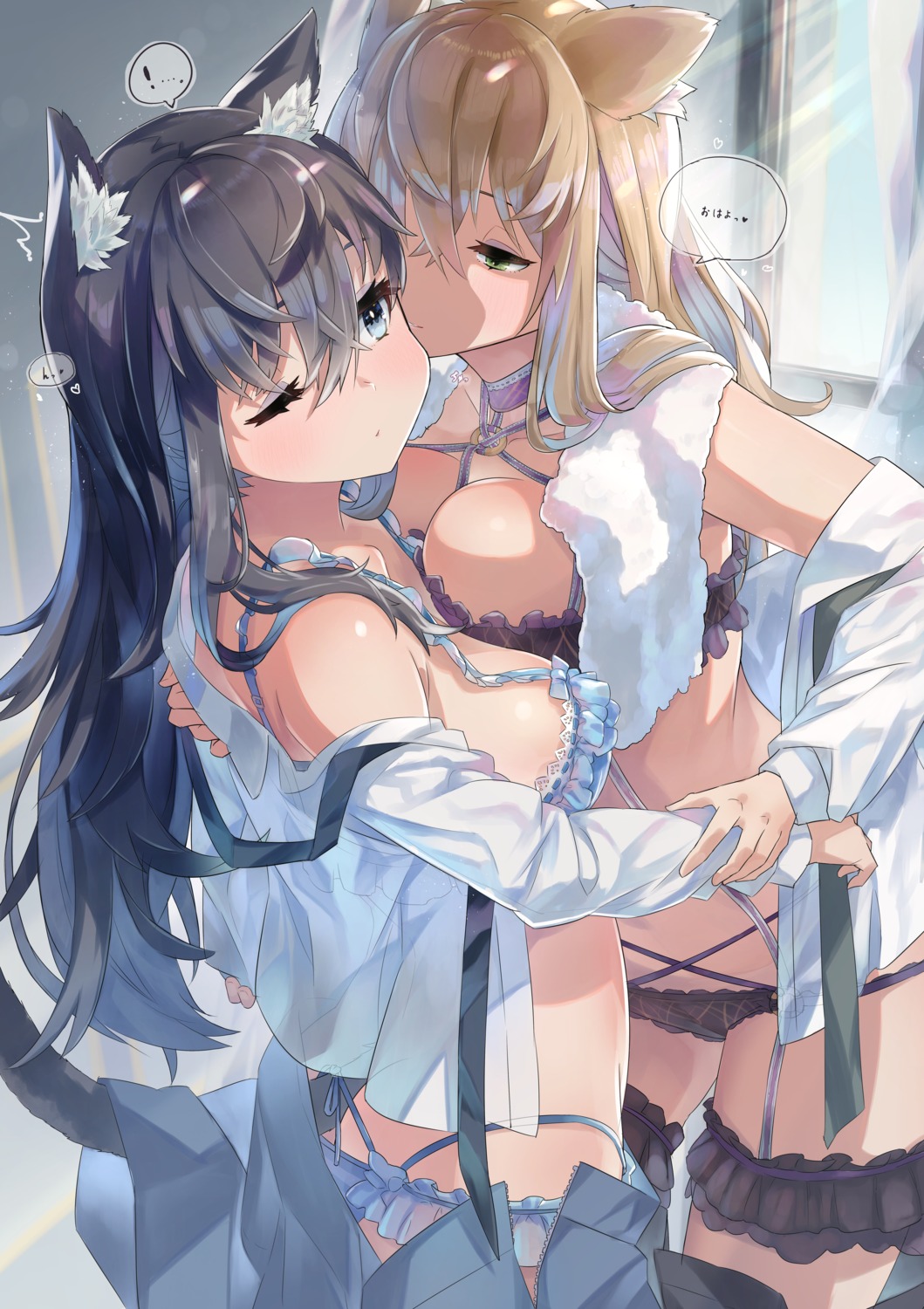 animal_ears ass bra cleavage garter hatsuga_(dmaigmai) open_shirt pantsu see_through seifuku tail yuri