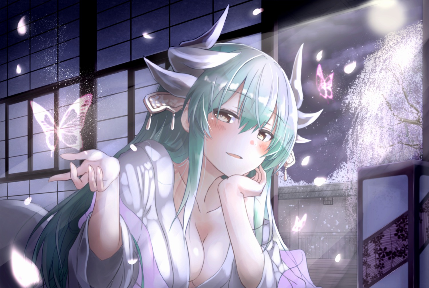 fate/grand_order fuu_(fuore) horns japanese_clothes kiyohime_(fate/grand_order) no_bra open_shirt