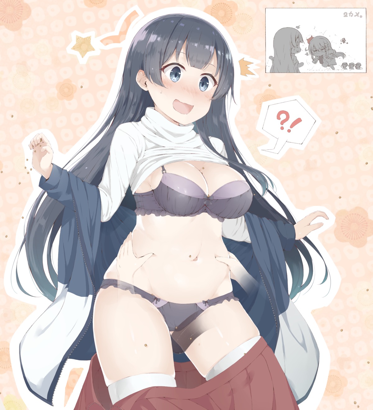 agano_(kancolle) akebono_(kancolle) bra cleavage female_admiral_(kancolle) kantai_collection kasumi_(kancolle) michishio_(kancolle) pantsu shirt_lift sweater thighhighs yui_(seiga)