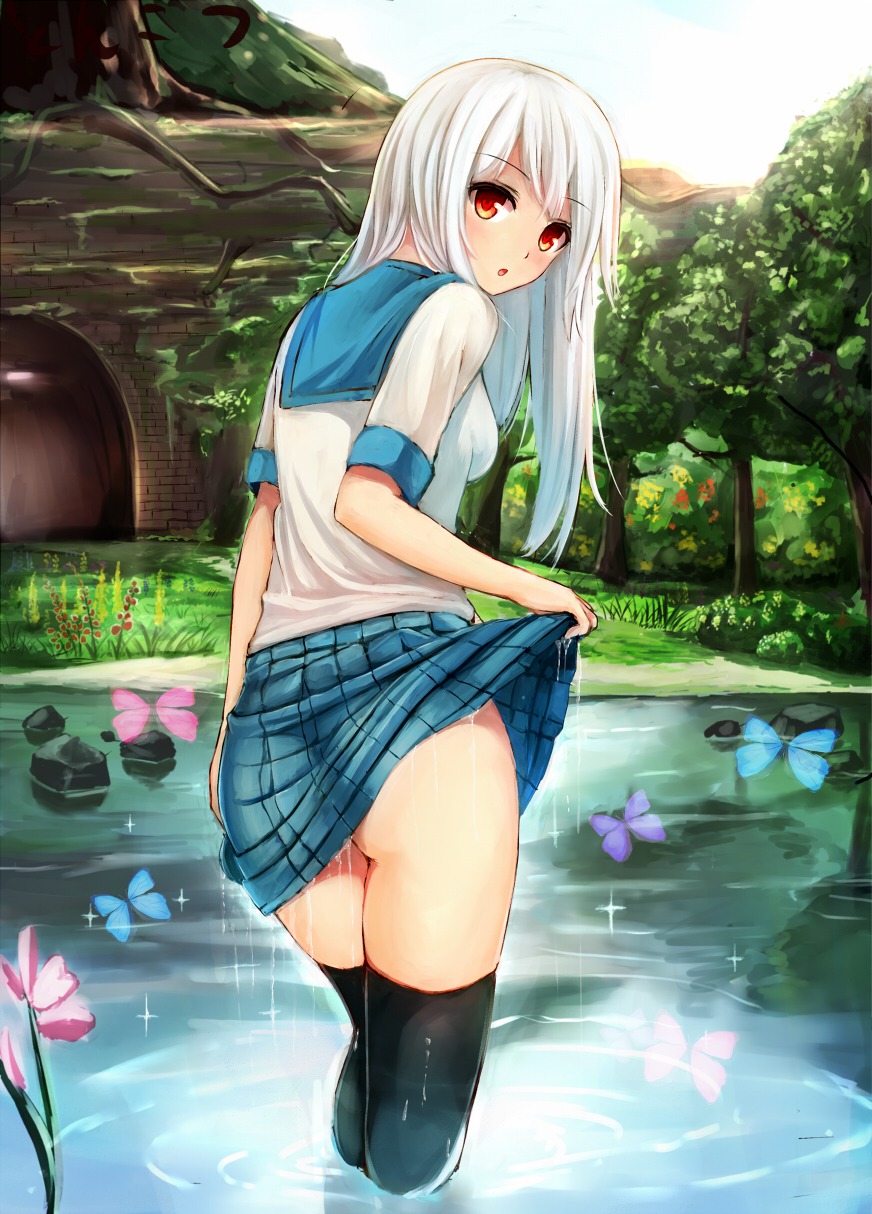 kero_(tomoki-tiger) nopan seifuku skirt_lift stockings thighhighs wet_clothes