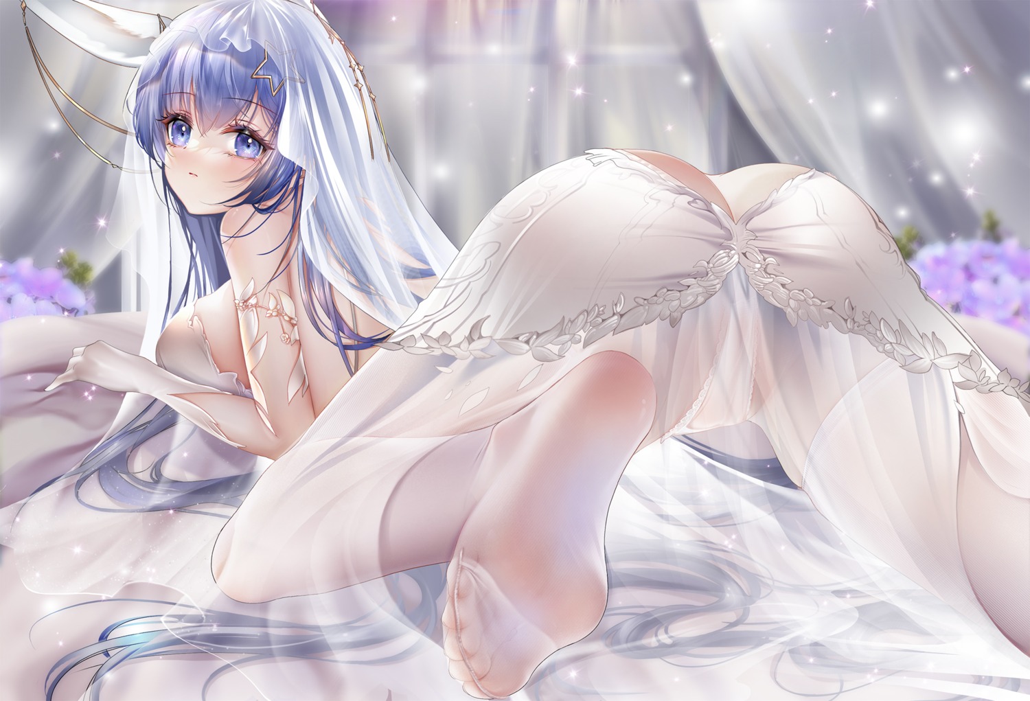 animal_ears ass azur_lane bunny_ears cameltoe dress feet kamue new_jersey_(azur_lane) no_bra pantsu see_through thong