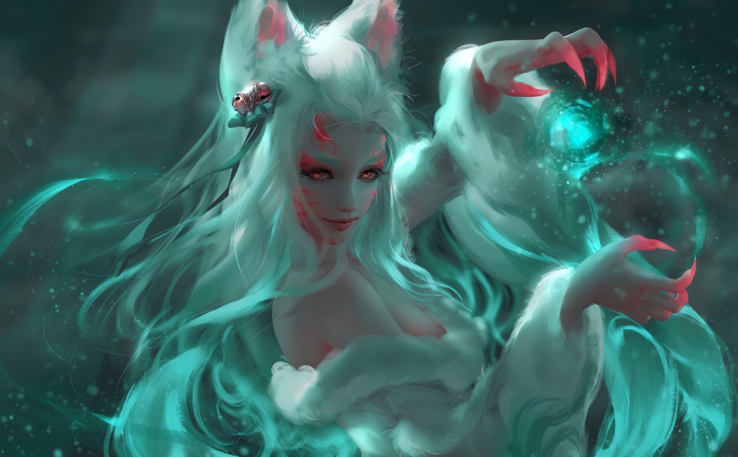 ahri animal_ears kitsune league_of_legends nixeu no_bra open_shirt tail